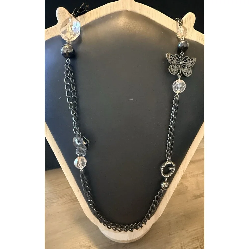 Vintage Y2K Guess Black Tone Logo Charm Necklace Rhinestone 36